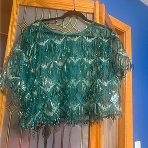 Teal Sequin Fringe Top